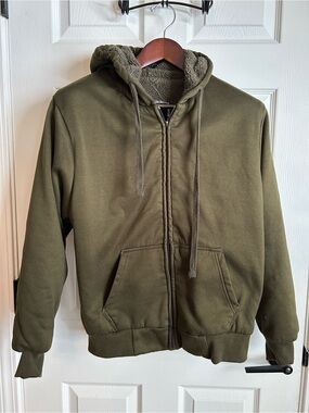 LeeHanton Men's Medium Olive Green Sherpa-Lined Cotton-Blend Zip Hoodie Sweater
